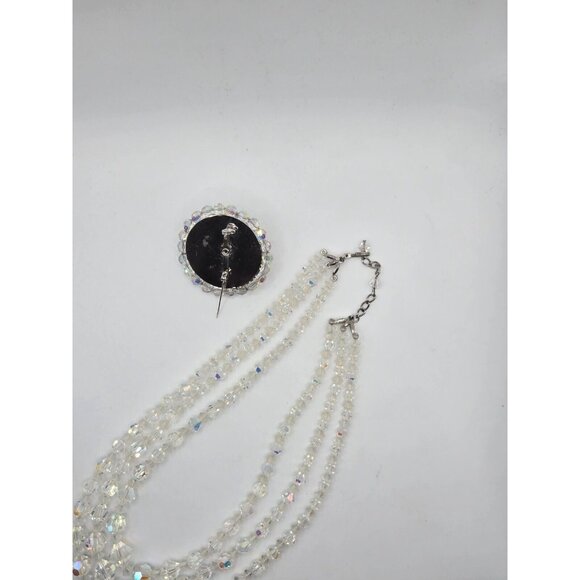 Vintage Triple Strand Graduated AB Necklace Plus brooch Set 1940s Demi Parure - Picture 5 of 8